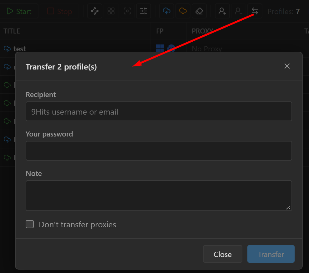 9Login Transfer dialog